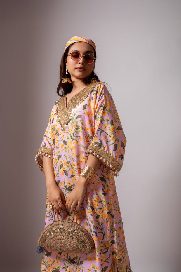 Linen digital print blush kaftan dress.