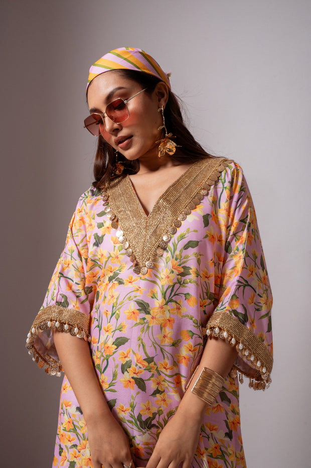 Linen digital print blush kaftan dress.