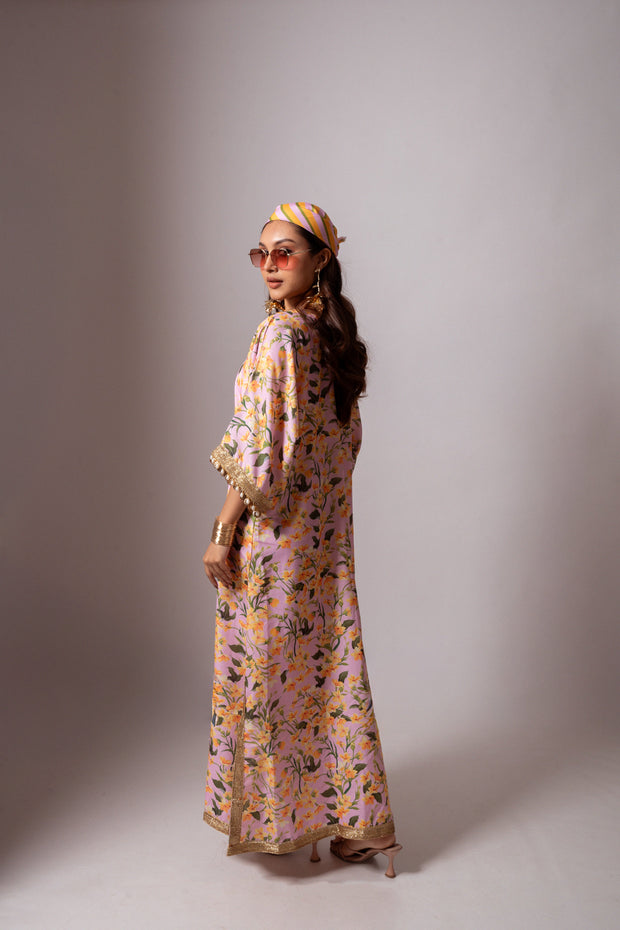 Linen digital print blush kaftan dress.