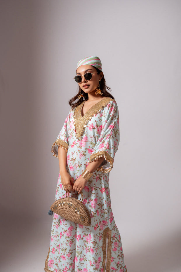 Linen digital print aqua green kaftan dress.