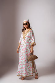 Linen digital print aqua green kaftan dress.