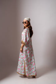 Linen digital print aqua green kaftan dress.