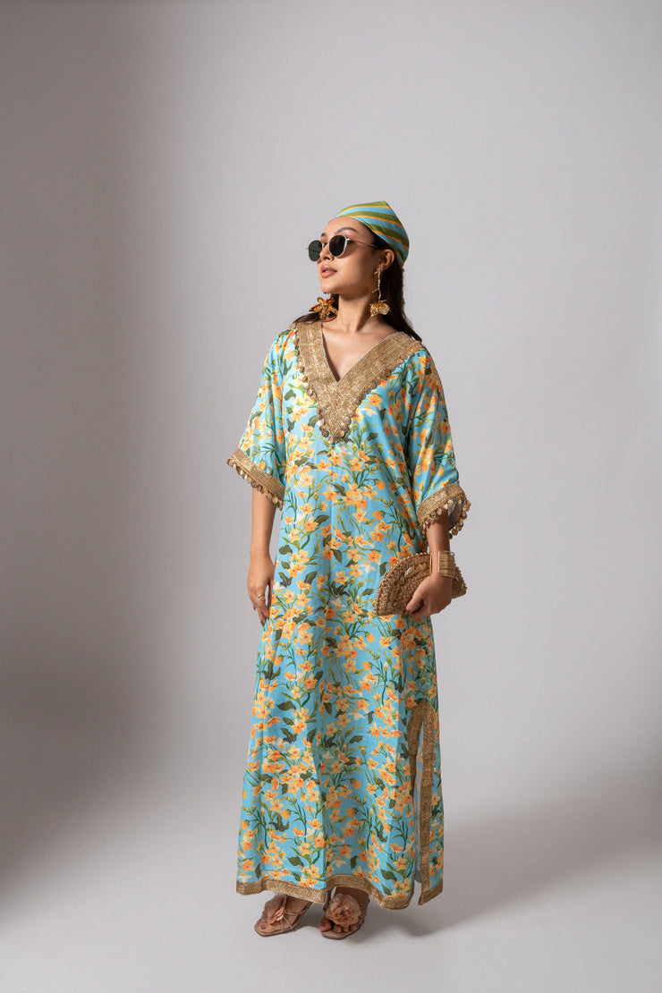 Linen digital print aqua kaftan dress.