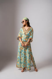 Linen digital print aqua kaftan dress.