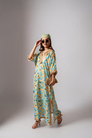 Linen digital print aqua kaftan dress.