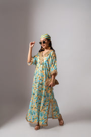 Linen digital print aqua kaftan dress.