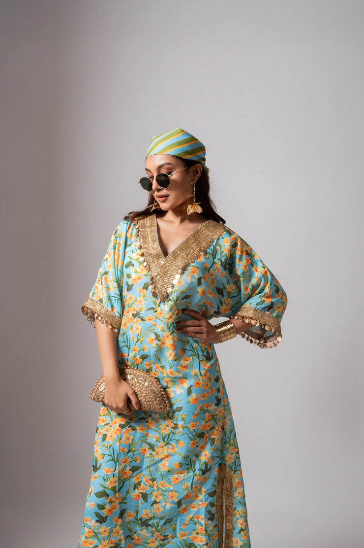 Linen digital print aqua kaftan dress.