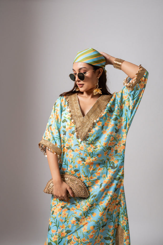 Linen digital print aqua kaftan dress.