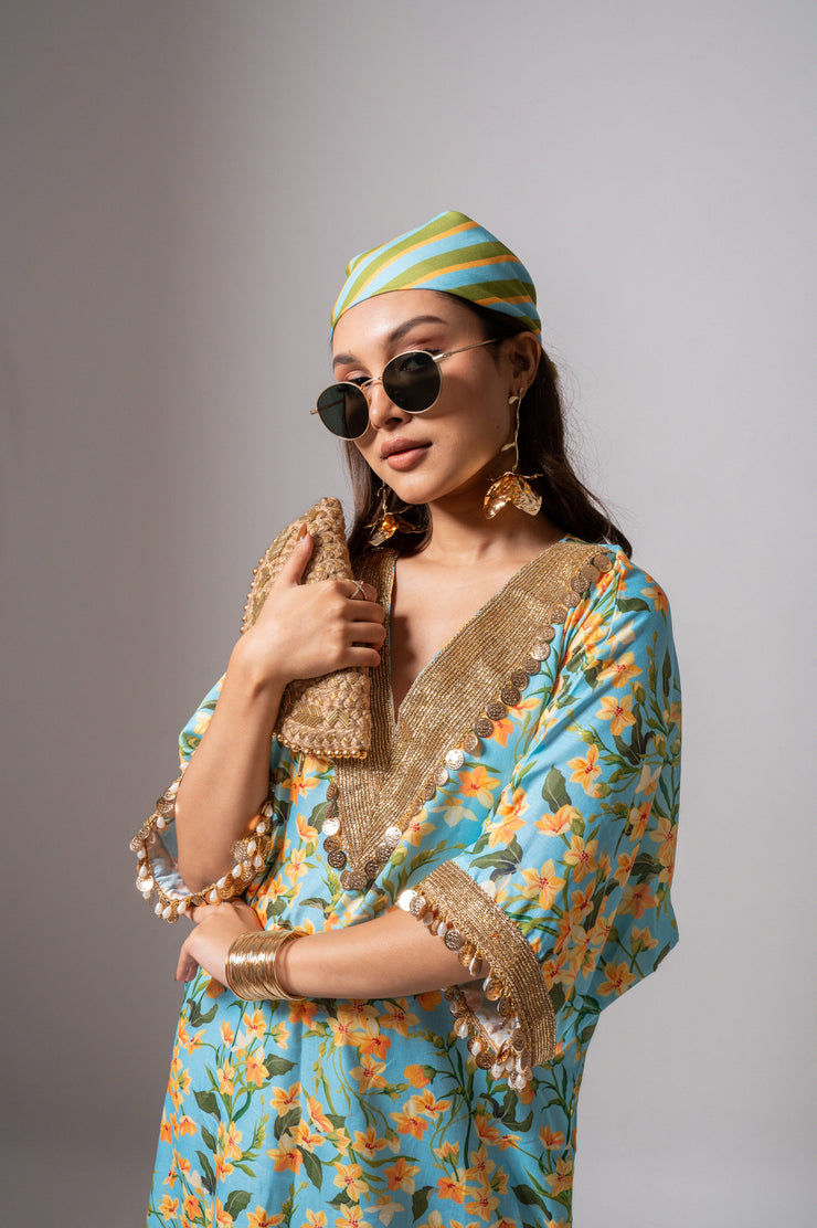 Linen digital print aqua kaftan dress.