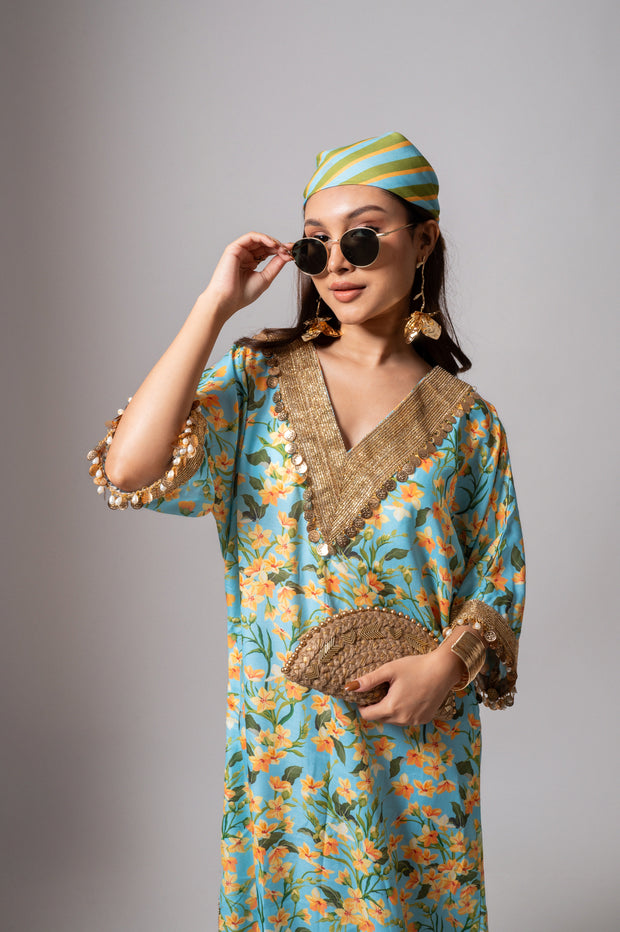 Linen digital print aqua kaftan dress.