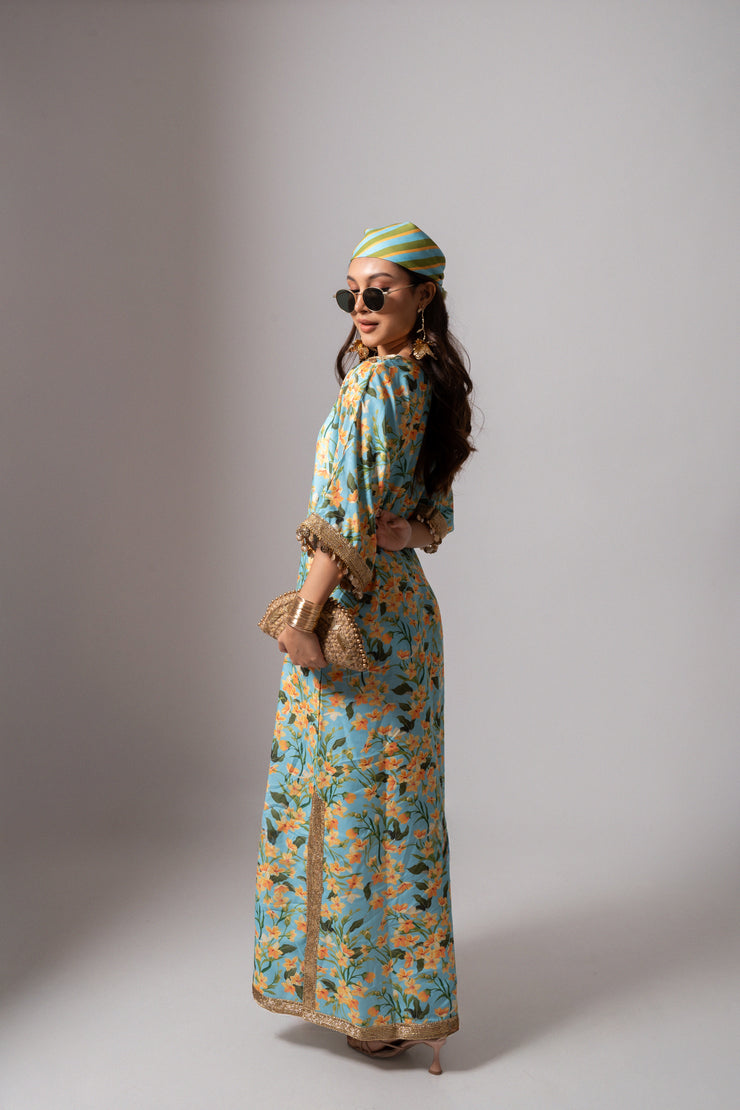 Linen digital print aqua kaftan dress.