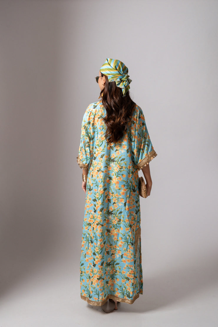 Linen digital print aqua kaftan dress.