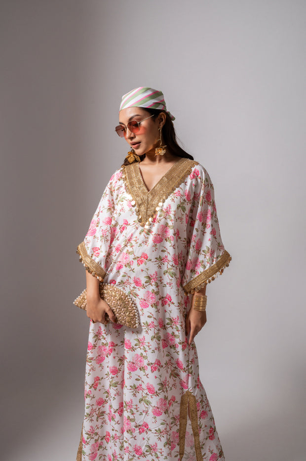 Linen digital print white kaftan dress.