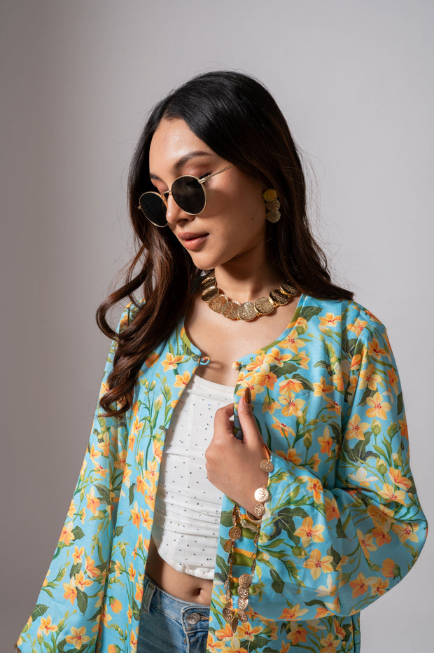 Linen digital print Aqua summer jacket