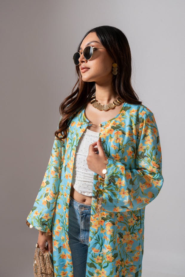 Linen digital print Aqua summer jacket