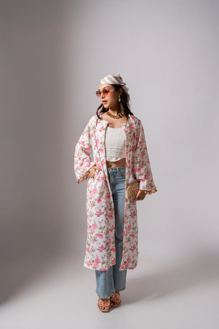 Linen digital print white summer jacket