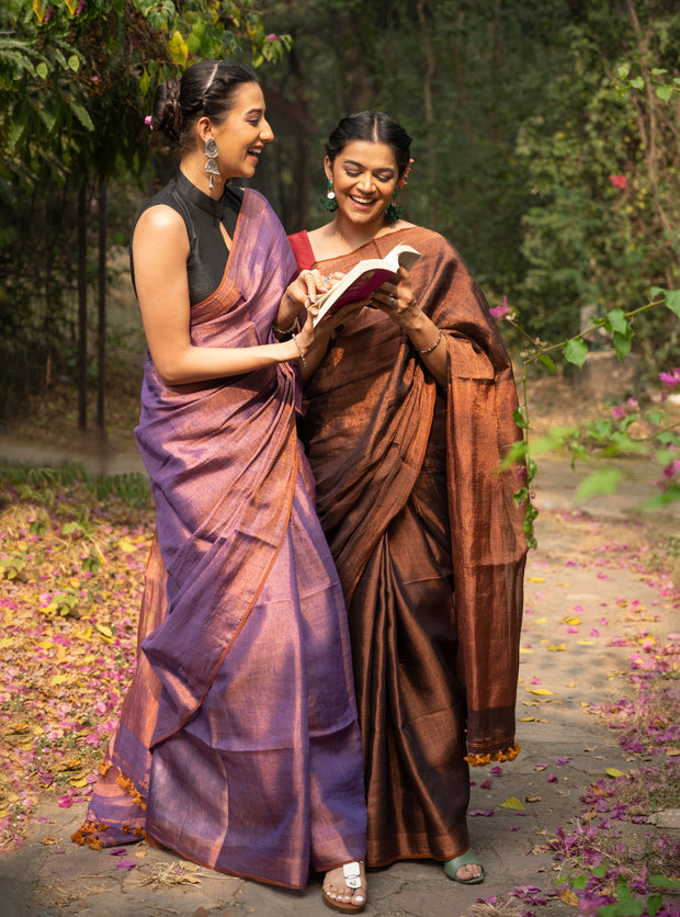 Handloom Tissue Linen Saree in Dual Shade Purple and Copper