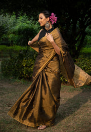 Handloom Tissue Linen Saree in Gold and Brown