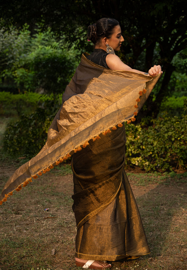 Handloom Tissue Linen Saree in Gold and Brown