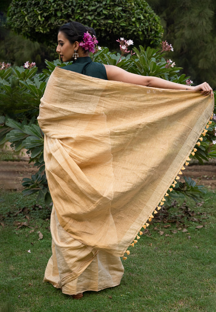 Handloom Tissue Linen Saree Muted Gold