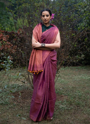 Handloom Tissue Linen Saree in Dual Shade Plum and Copper