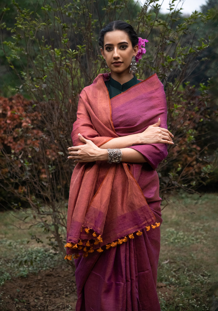 Handloom Tissue Linen Saree in Dual Shade Plum and Copper