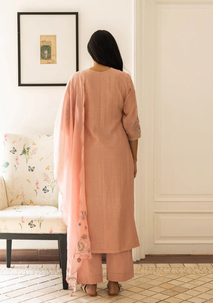 OYSTER PINK FLORAL APPLIQUE KURTA SET