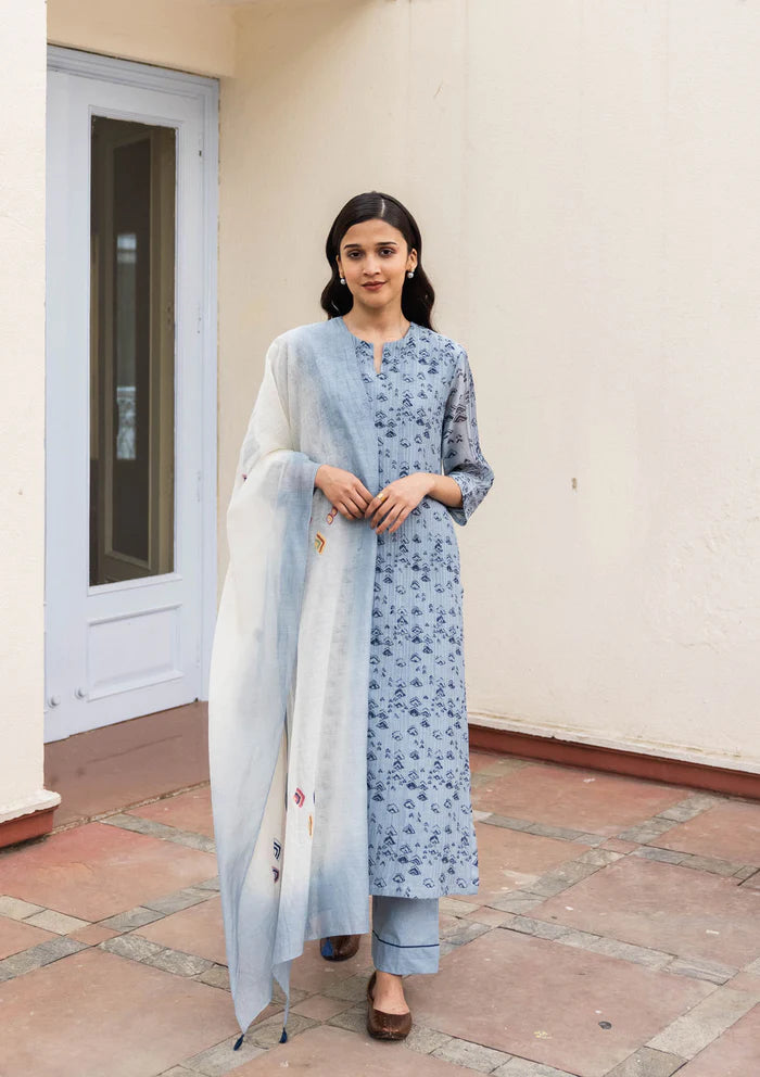 POWDER BLUE GEOMETRIC PRINT KURTA SET