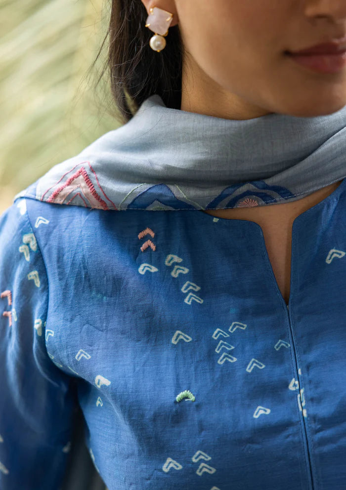 OCEAN BLUE GEOMETRIC PRINT KURTA SET