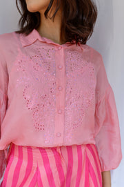 Drop shoulder shirt with cutwork hand embroidery along with spaghetti lining