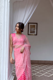 Striper pleates with silk organza hand embroidered pallu and scalloped edges.