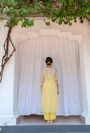 Box pleated hand embroidered silk organza dress with stripes spaghetti lining