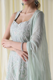 Embroidered Mint Green Short Kurta with Matching Sharara and Dupatta