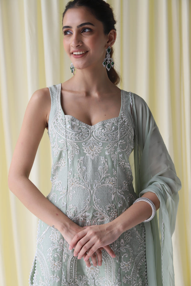 Embroidered Mint Green Short Kurta with Matching Sharara and Dupatta