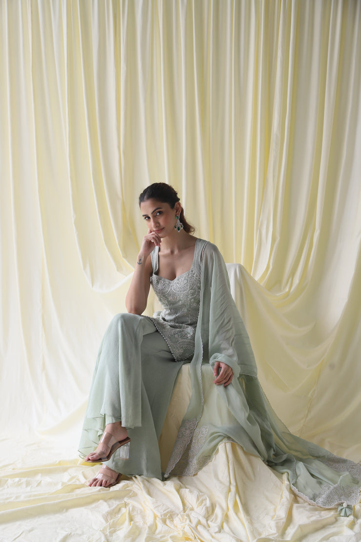 Embroidered Mint Green Short Kurta with Matching Sharara and Dupatta