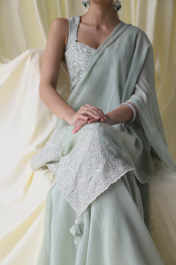 Embroidered Mint Green Short Kurta with Matching Sharara and Dupatta