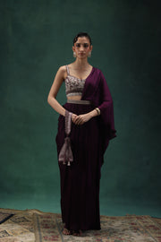 Embroidered Royal Purple Draped Sari Set With Belt