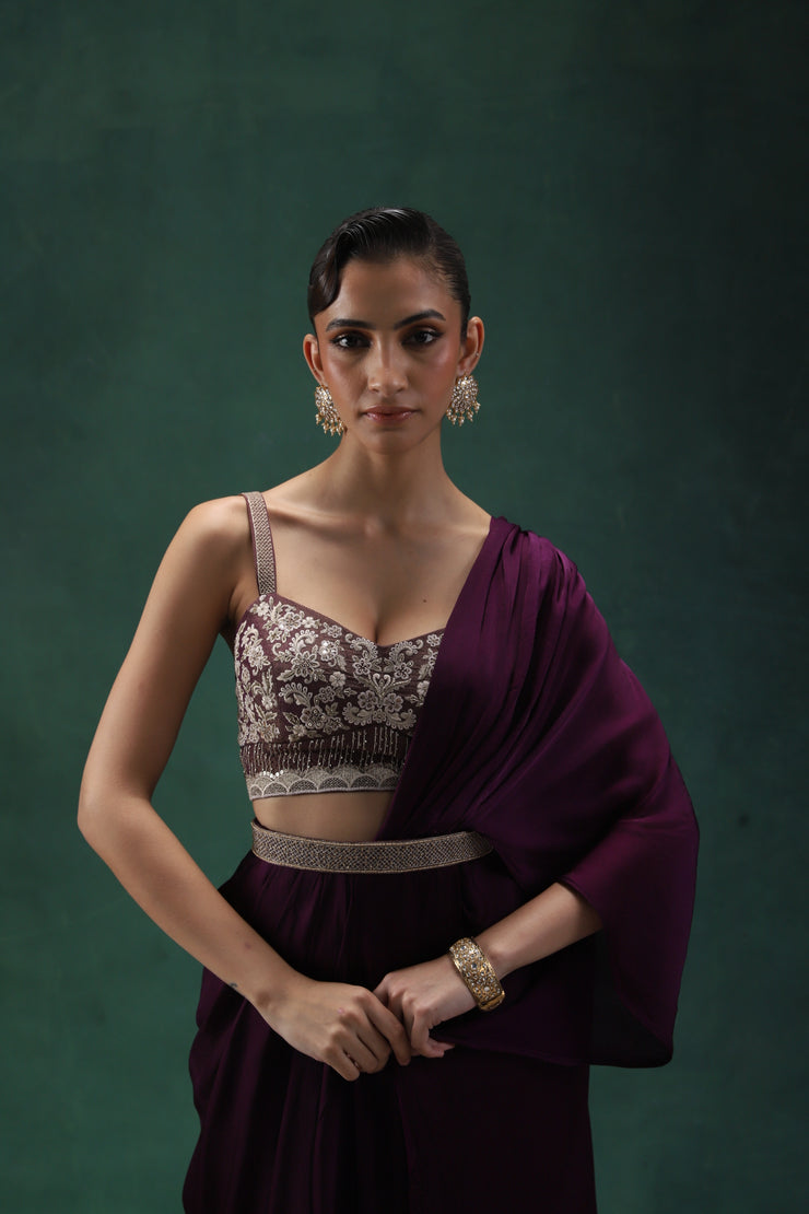 Embroidered Royal Purple Draped Sari Set With Belt