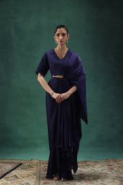 Navy Blue Draped Sari Set with Tonal Embroidery and Hand Embellishments