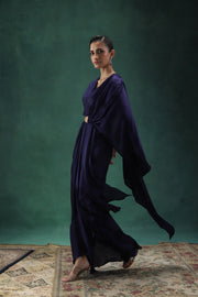 Navy Blue Draped Sari Set with Tonal Embroidery and Hand Embellishments