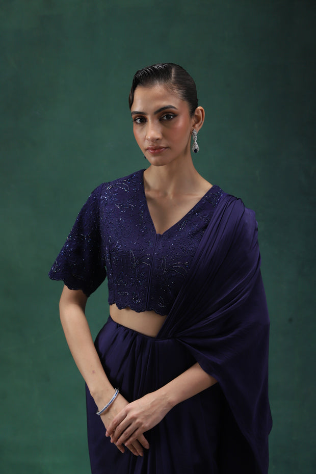 Navy Blue Draped Sari Set with Tonal Embroidery and Hand Embellishments