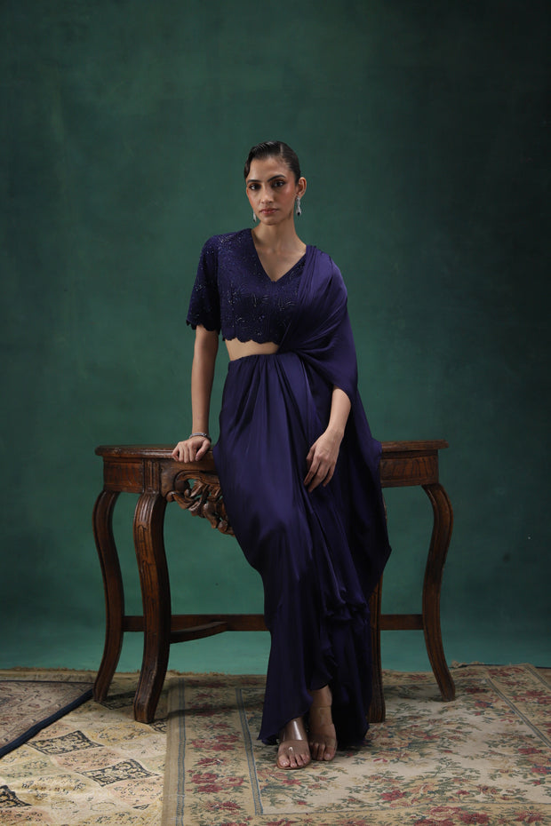 Navy Blue Draped Sari Set with Tonal Embroidery and Hand Embellishments