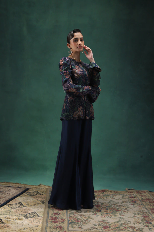 Printed Midnight Blue Full Sleeves Top with a Satin Sharara