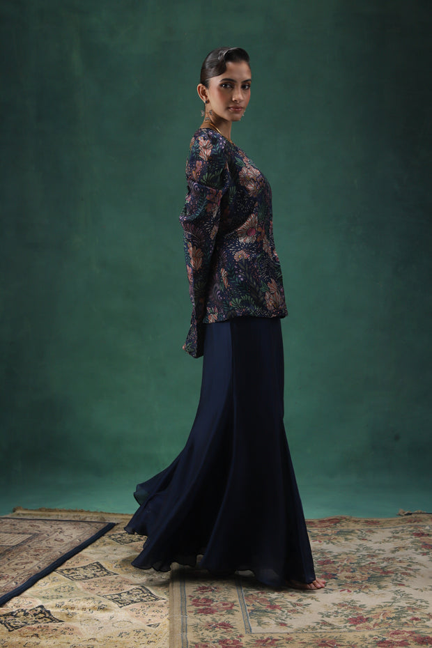 Printed Midnight Blue Full Sleeves Top with a Satin Sharara