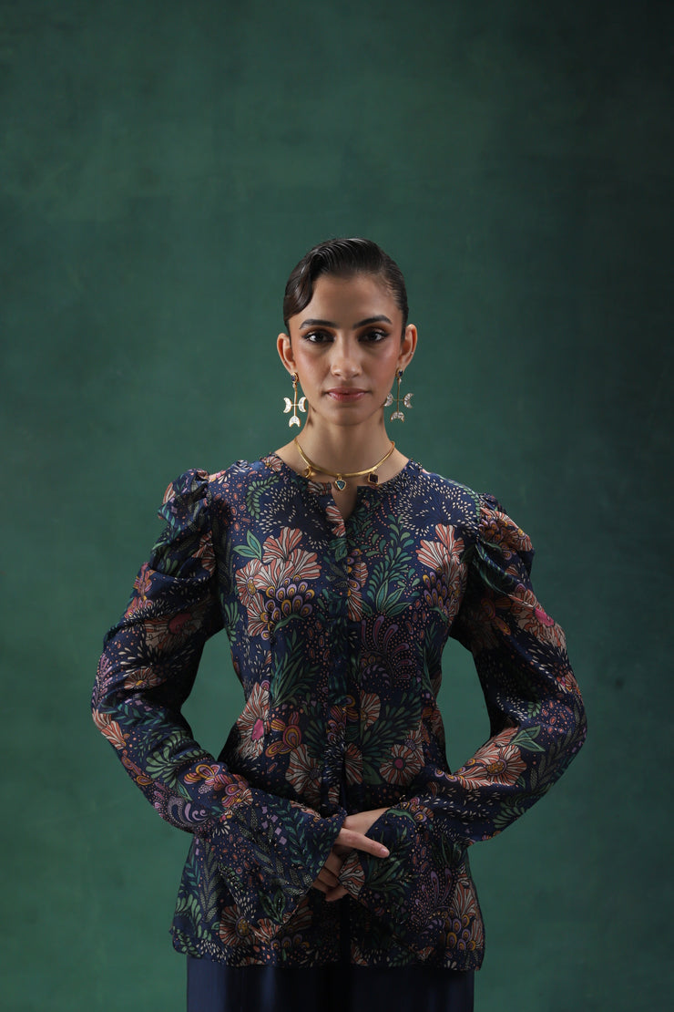 Printed Midnight Blue Full Sleeves Top with a Satin Sharara