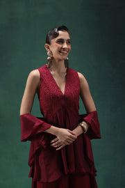 Ruby Embroidered Tunic with Flared Palazoo Pants and a Ruffle Stoll