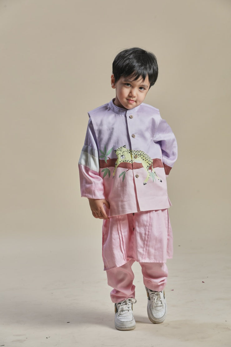 Pink and lavender bandi, kurta and pants set