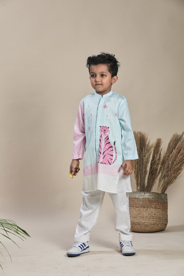 Blue and pink long kurta and pants set