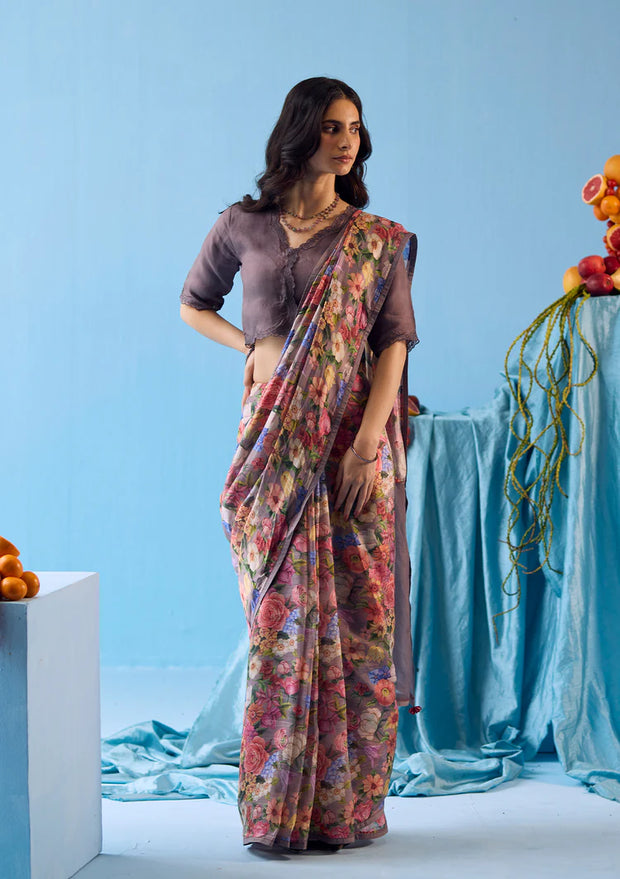 Whimsical Garden Slate Saree