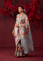 Whimsical Garden Ice Blue Saree